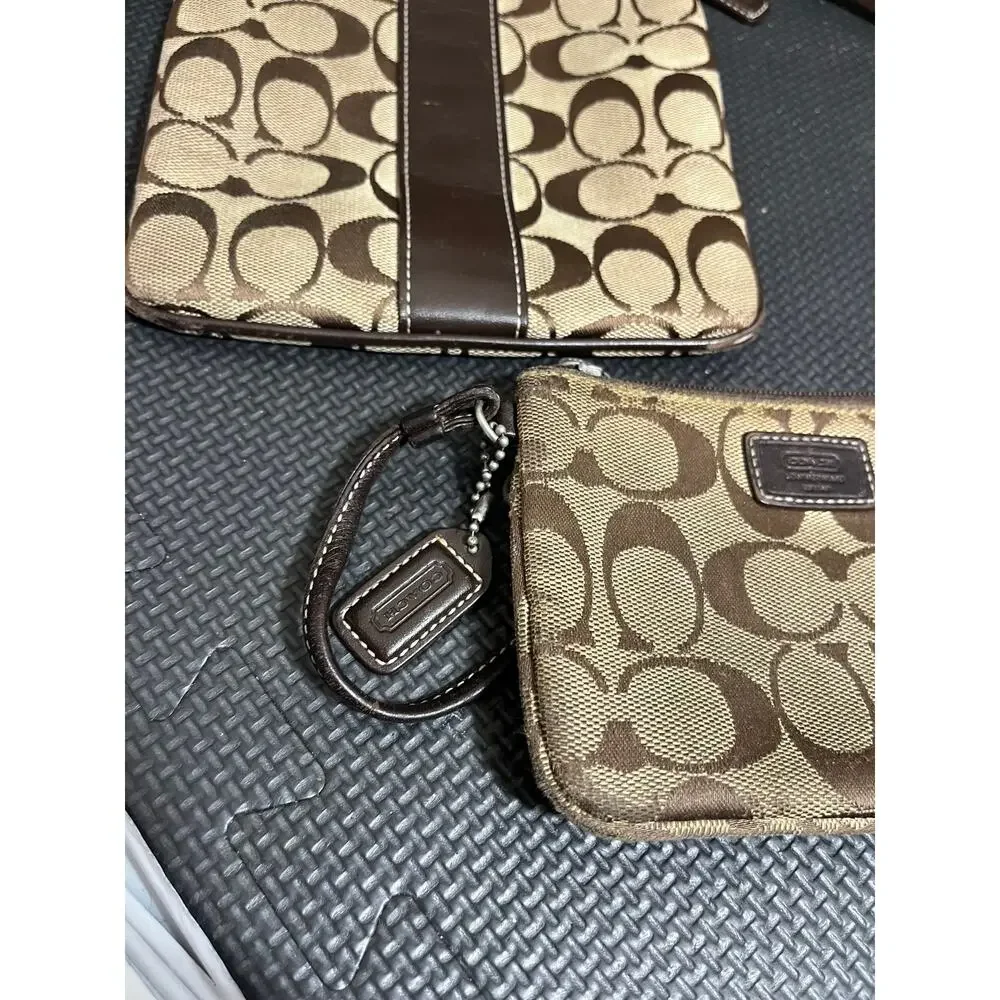Coach‎ Signature Canvas Brown Stripe Leather Jacquard Crossbody And Wallet